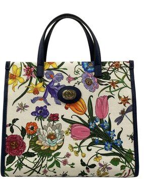 GUCCI Flora 550141 White Navy Multi Canvas Leather Handbag